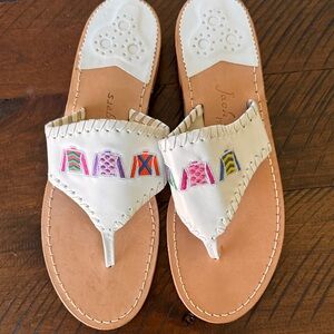 White Embroidered Leather Thong Sandals